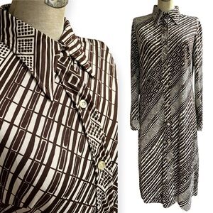 Vintage 70s Shirt Dress Dagger Collar Brown White
